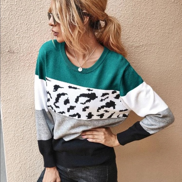 Color block stripe leopard print knit sweater pink - Picture 7 of 8